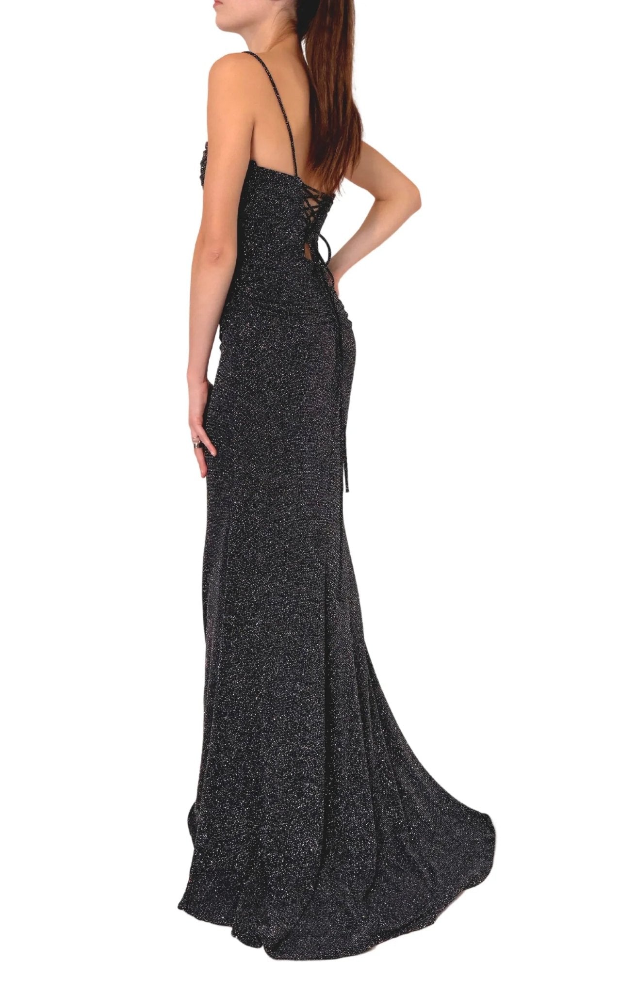 Cult Moda Criss Cross Open Back Black Shimmer Prom Dress - Runway Catalog