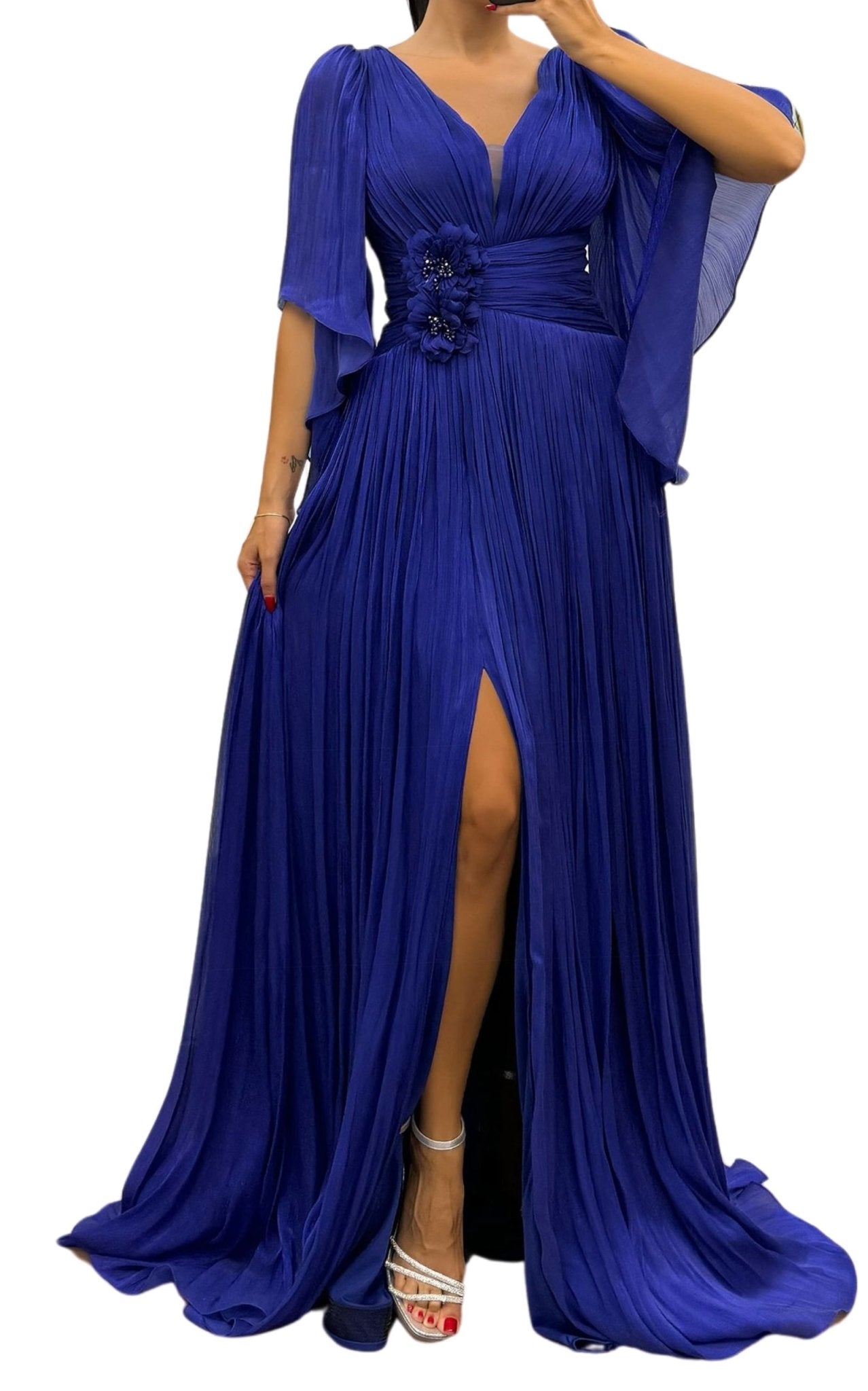 Cult Moda Elegant Chiffon Evening Dress Gown with Floral Brooch in Blue - Runway Catalog