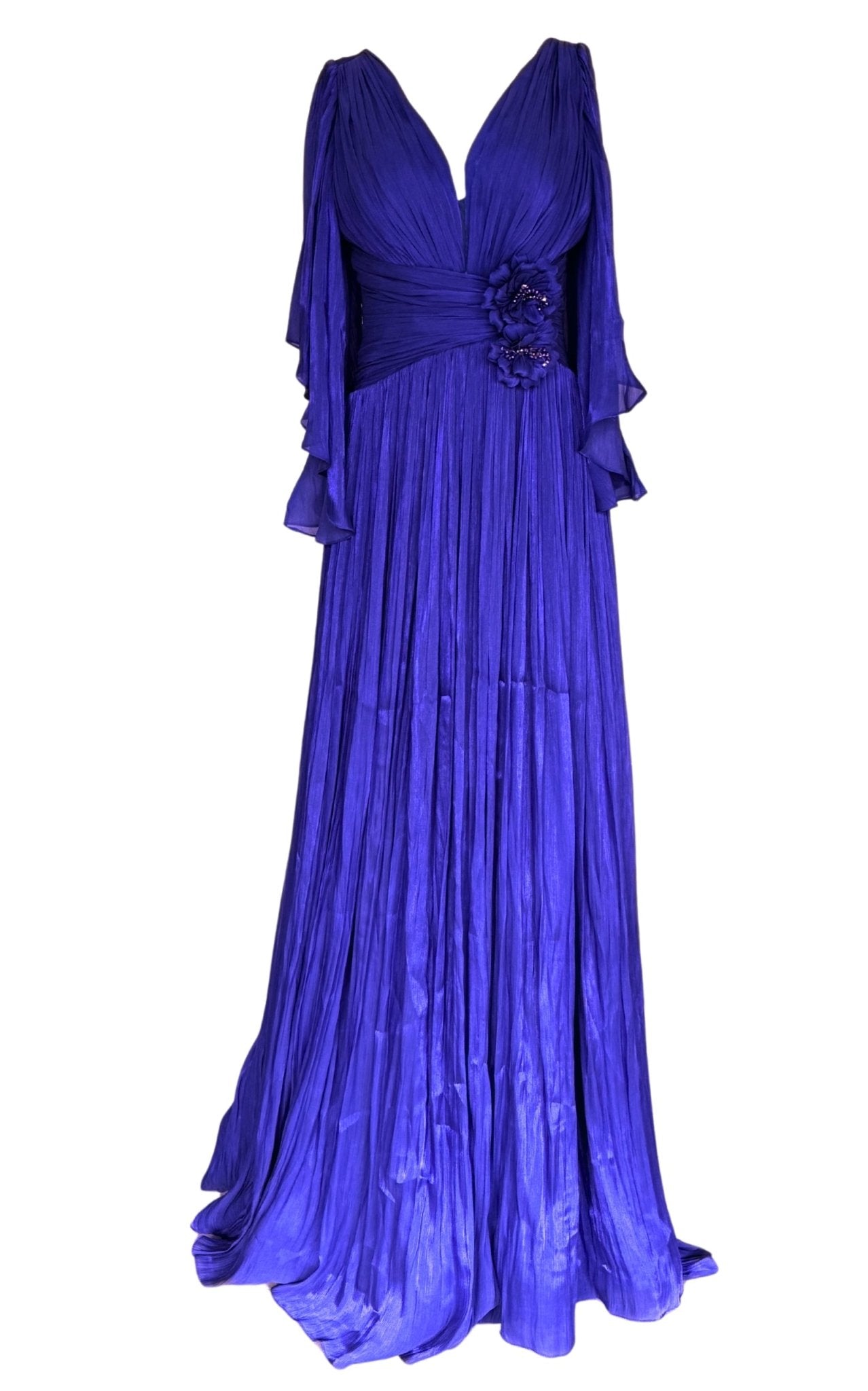 Cult Moda Elegant Chiffon Evening Dress Gown with Floral Brooch in Blue - Runway Catalog