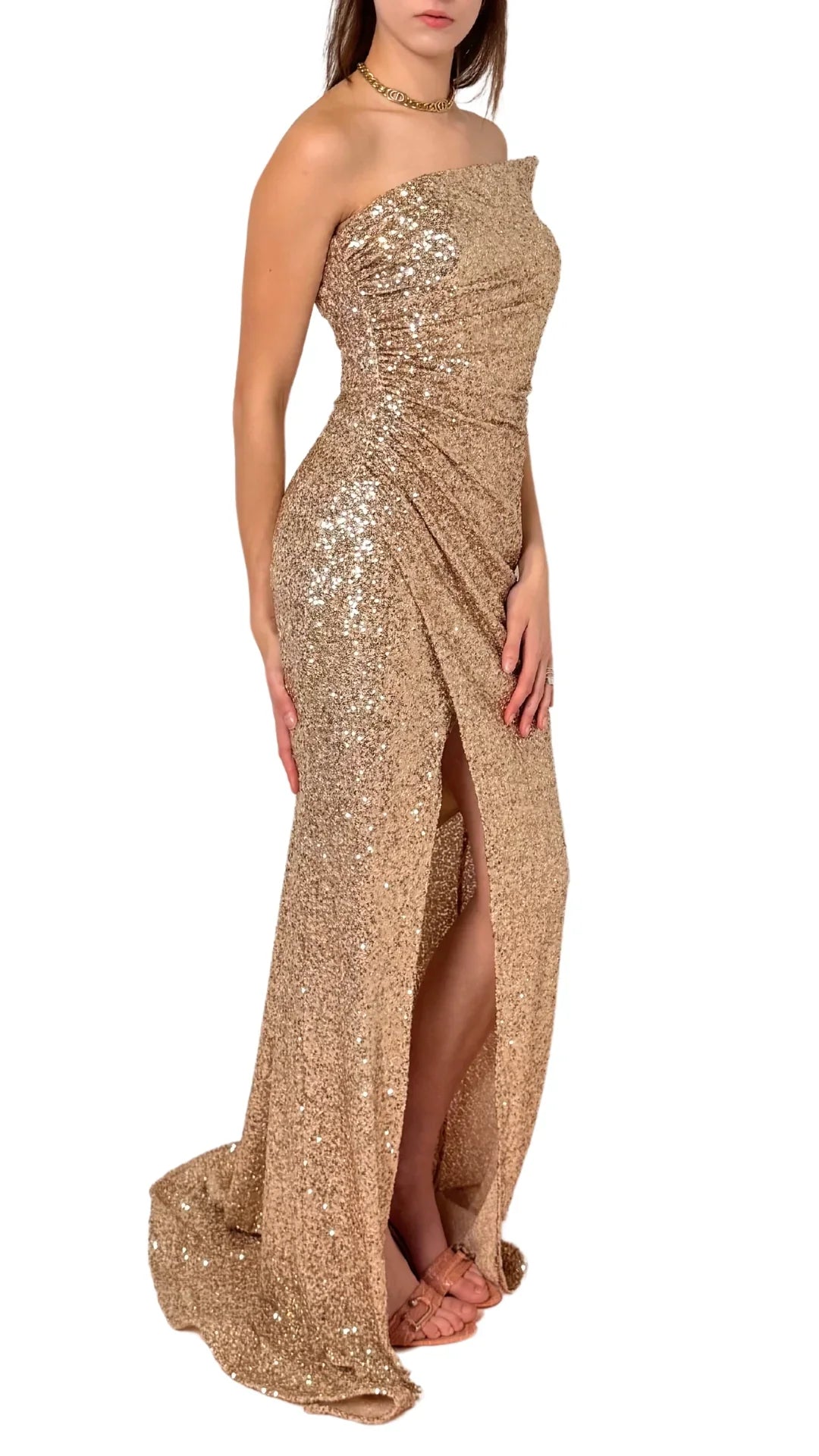 Cult Moda Gold Sequin Asymmetric Bustier Cocktail Prom Dress - Runway Catalog