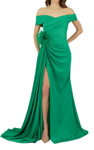 Cult Moda Off Shoulder Boat Neck Green Cocktail Prom Dress - Runway Catalog