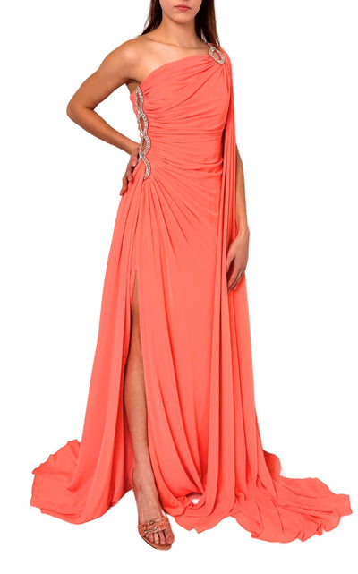 Cult Moda One Shoulder Beaded Gown in Coral - Runway Catalog