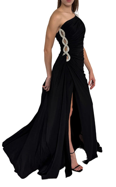 Cult Moda One Shoulder Beaded Stretch Gown in Black - Runway Catalog
