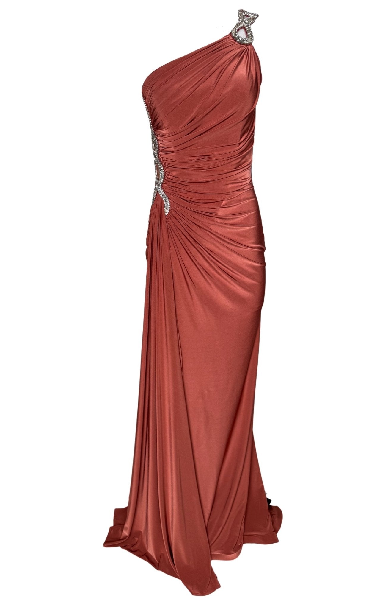 Cult Moda One Shoulder Beaded Stretch Gown in Brown - Runway Catalog