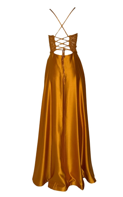 Cult Moda Yellow Long Prom Ball Gown with V - Neck and Open Back - Runway Catalog
