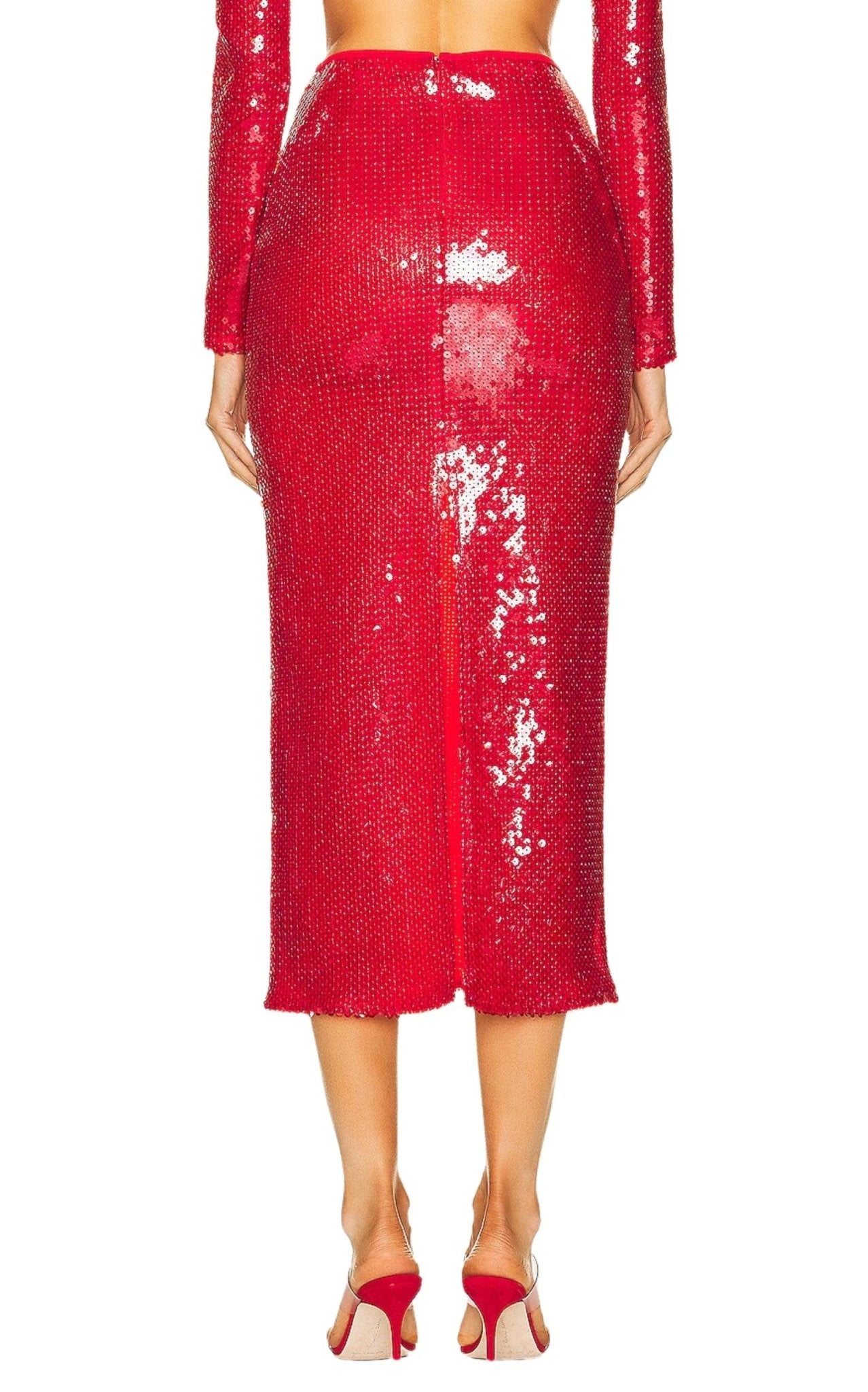 David Koma Sparkly Sequinned Red Midi Skirt - Runway Catalog