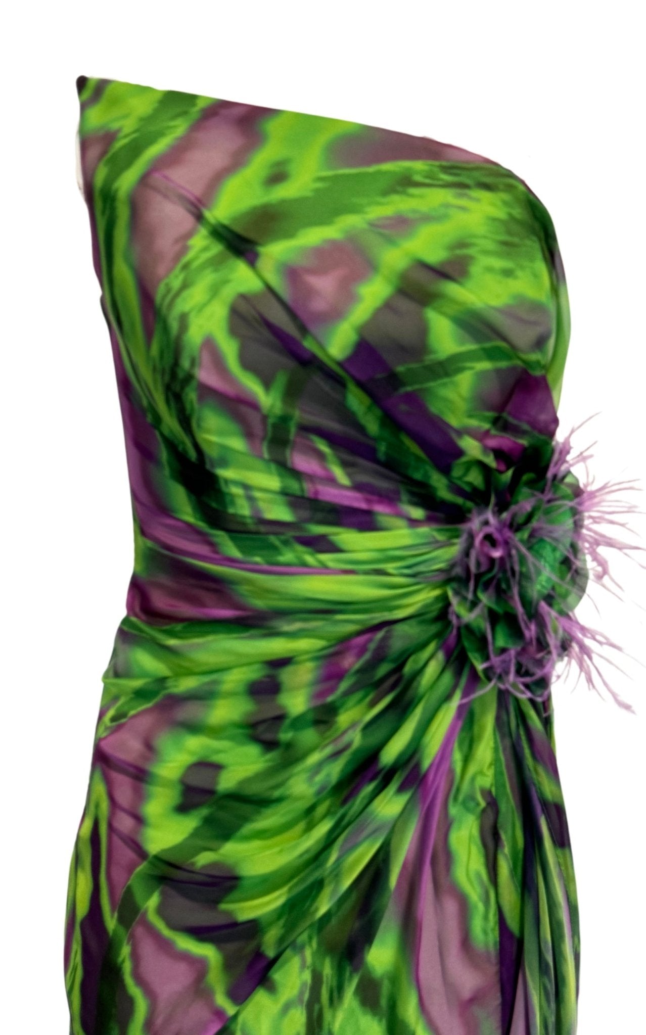 Dekolte Strapless Green Purple Print Party Dress - Runway Catalog