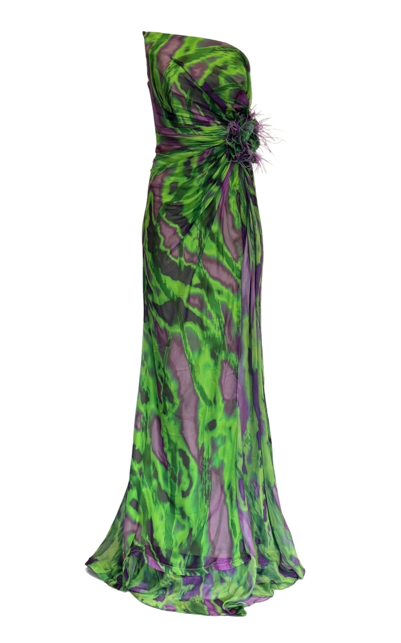 Dekolte Strapless Green Purple Print Party Dress - Runway Catalog