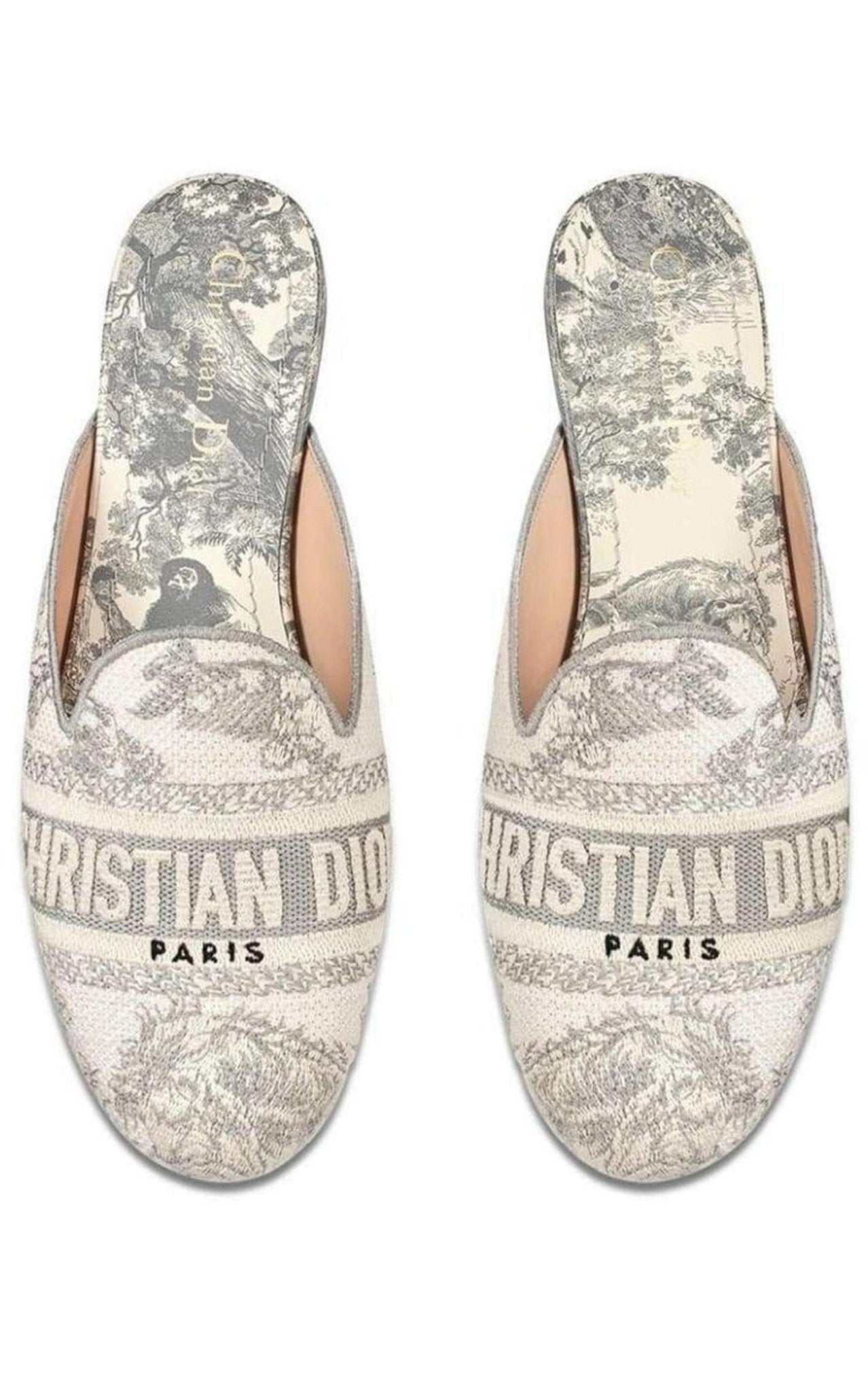 Dior Dior Toile de Jouy Motif Flat Mules in Grey Stone - Runway Catalog