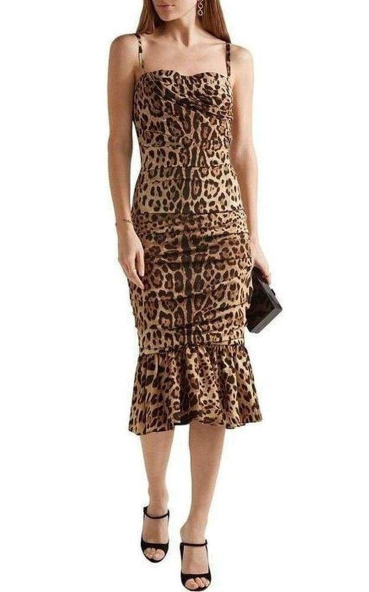 Dolce & Gabbana Ruched Leopard Print Silk Cady Midi Dress - Runway Catalog