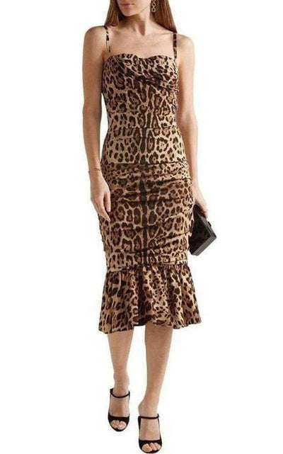 Dolce & Gabbana Ruched Leopard Print Silk Cady Midi Dress - Runway Catalog