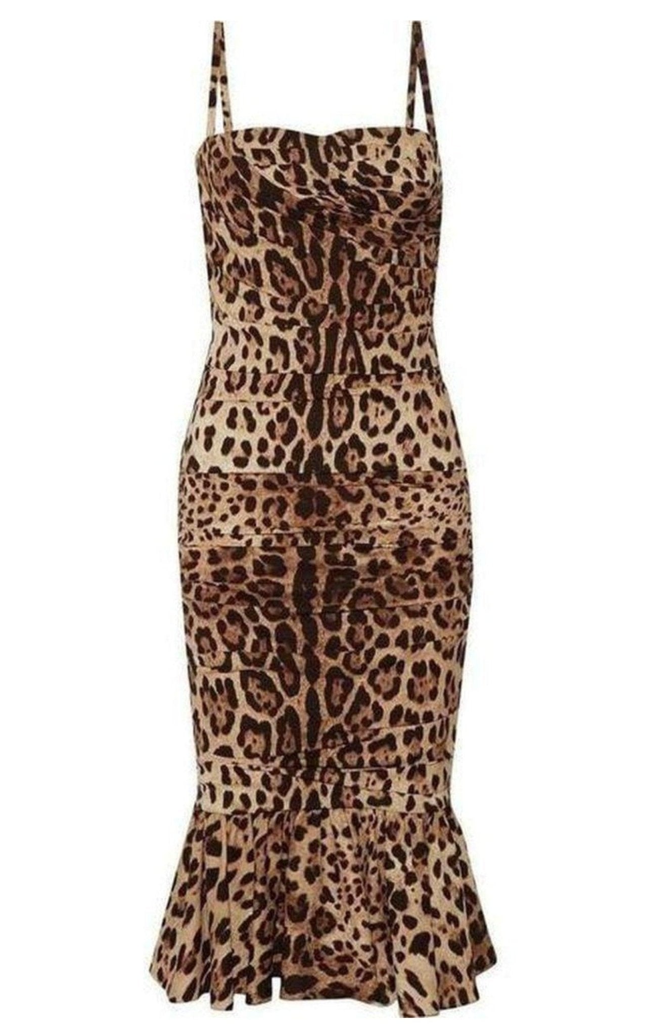 Dolce & Gabbana Ruched Leopard Print Silk Cady Midi Dress - Runway Catalog