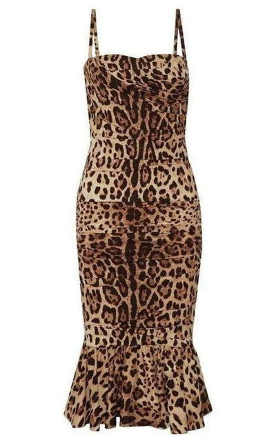 Dolce & Gabbana Ruched Leopard Print Silk Cady Midi Dress - Runway Catalog