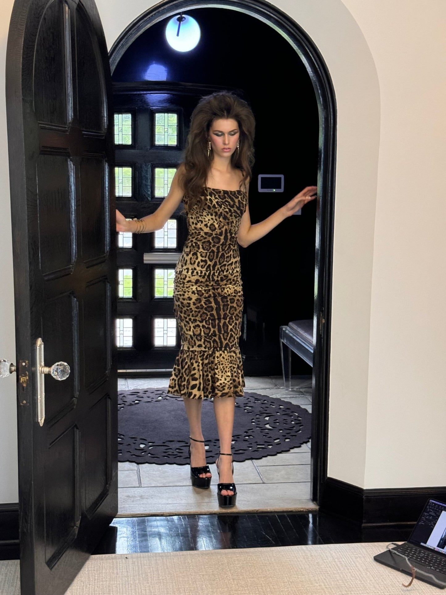 Dolce & Gabbana Ruched Leopard Print Silk Cady Midi Dress - Runway Catalog