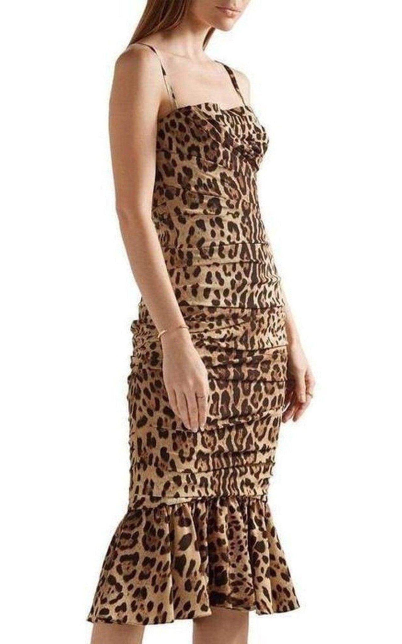 Dolce & Gabbana Ruched Leopard Print Silk Cady Midi Dress - Runway Catalog