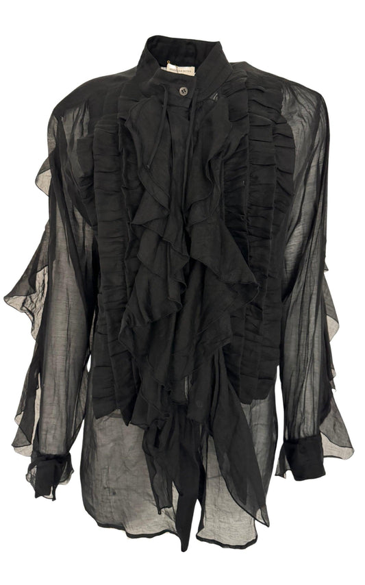 Dries Van Noten Black Ruffle Cotton Silk Blend Shirt - Runway Catalog