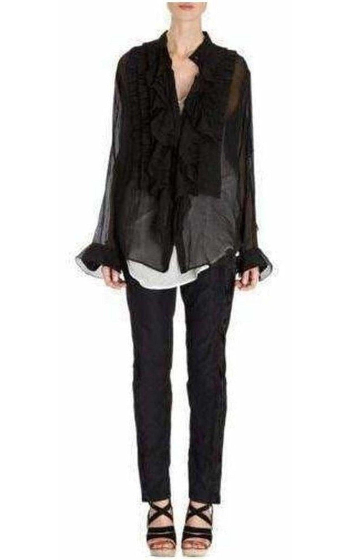  Dries Van NotenBlack Ruffle Cotton Silk Blend Shirt - Runway Catalog