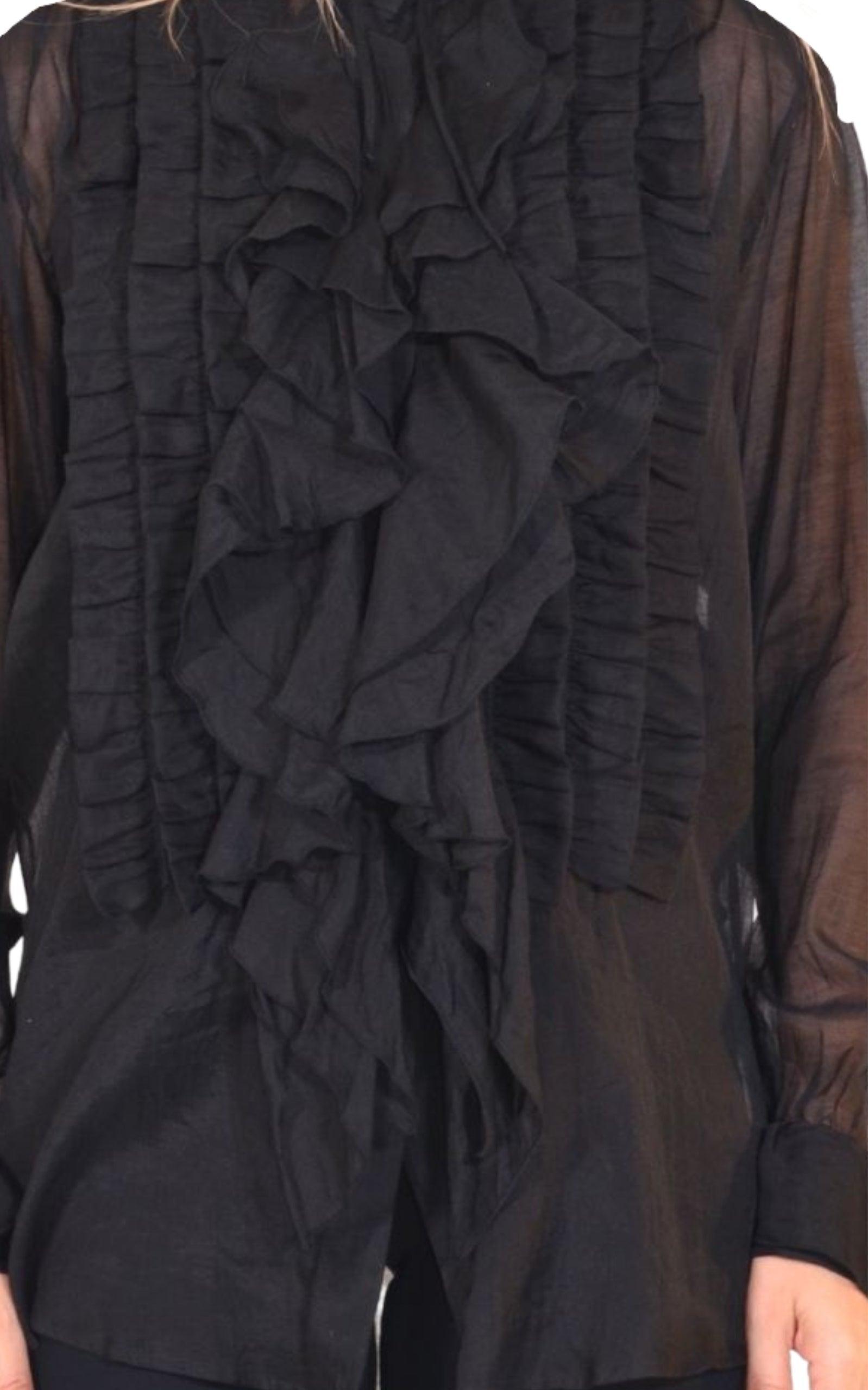  Dries Van NotenBlack Ruffle Cotton Silk Blend Shirt - Runway Catalog