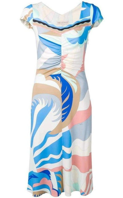 Emilio Pucci Blue Acapulco Print Gathered Silk Blend Dress - Runway Catalog