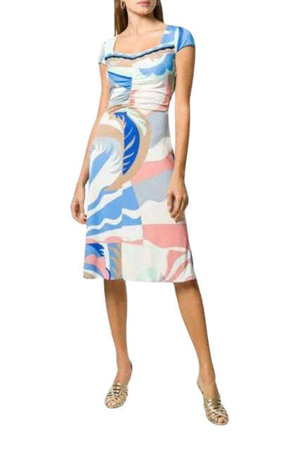Emilio Pucci Blue Acapulco Print Gathered Silk Blend Dress - Runway Catalog