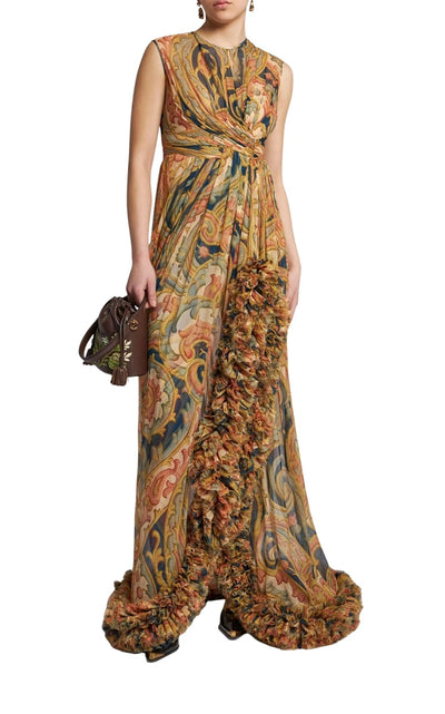 Etro Ruched - detailing Printed Silk Maxi Dress - Runway Catalog