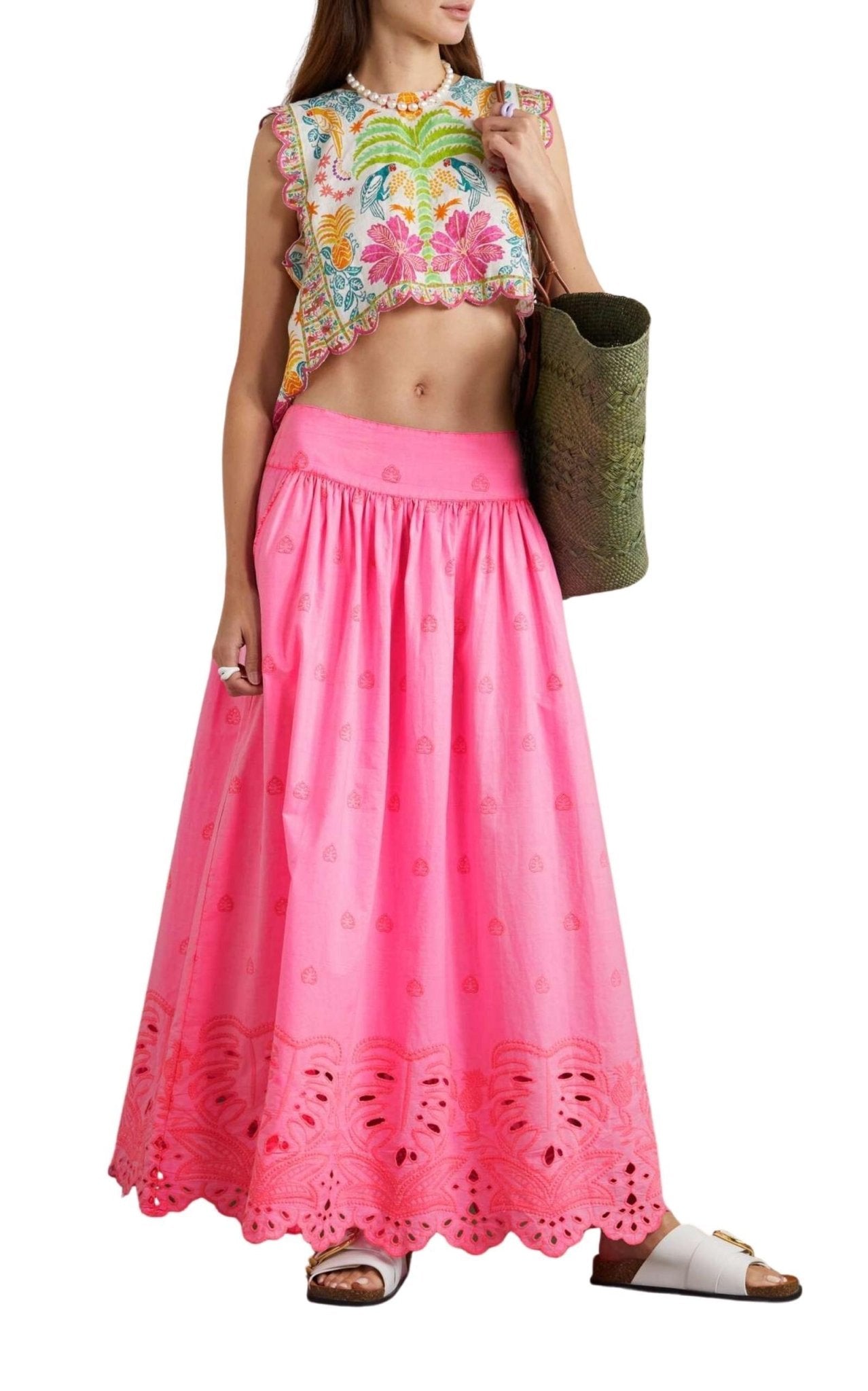 Farm Rio Scalloped Broderie Anglaise Cotton - poplin Maxi Skirt - Runway Catalog