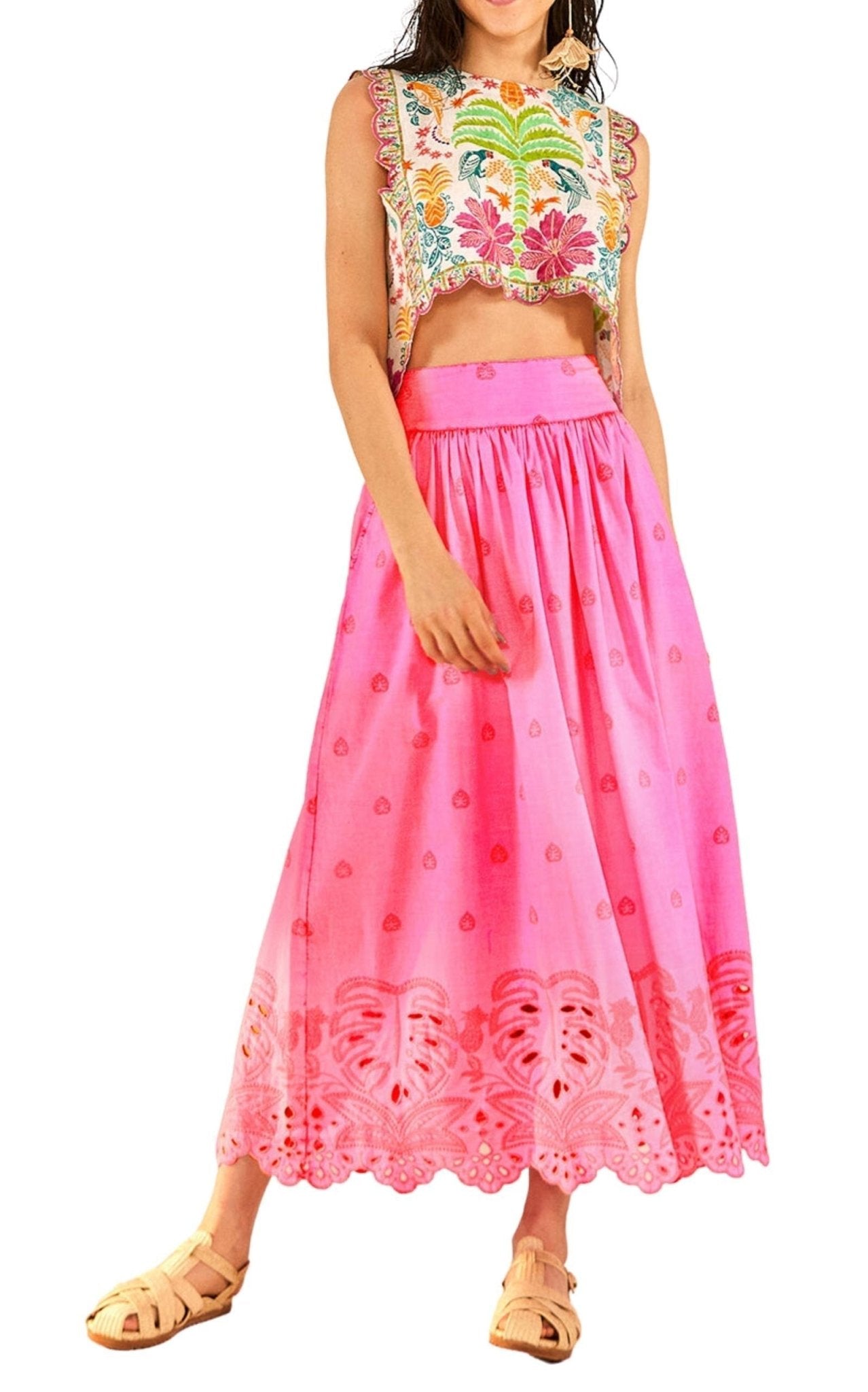 Farm Rio Scalloped Broderie Anglaise Cotton - poplin Maxi Skirt - Runway Catalog