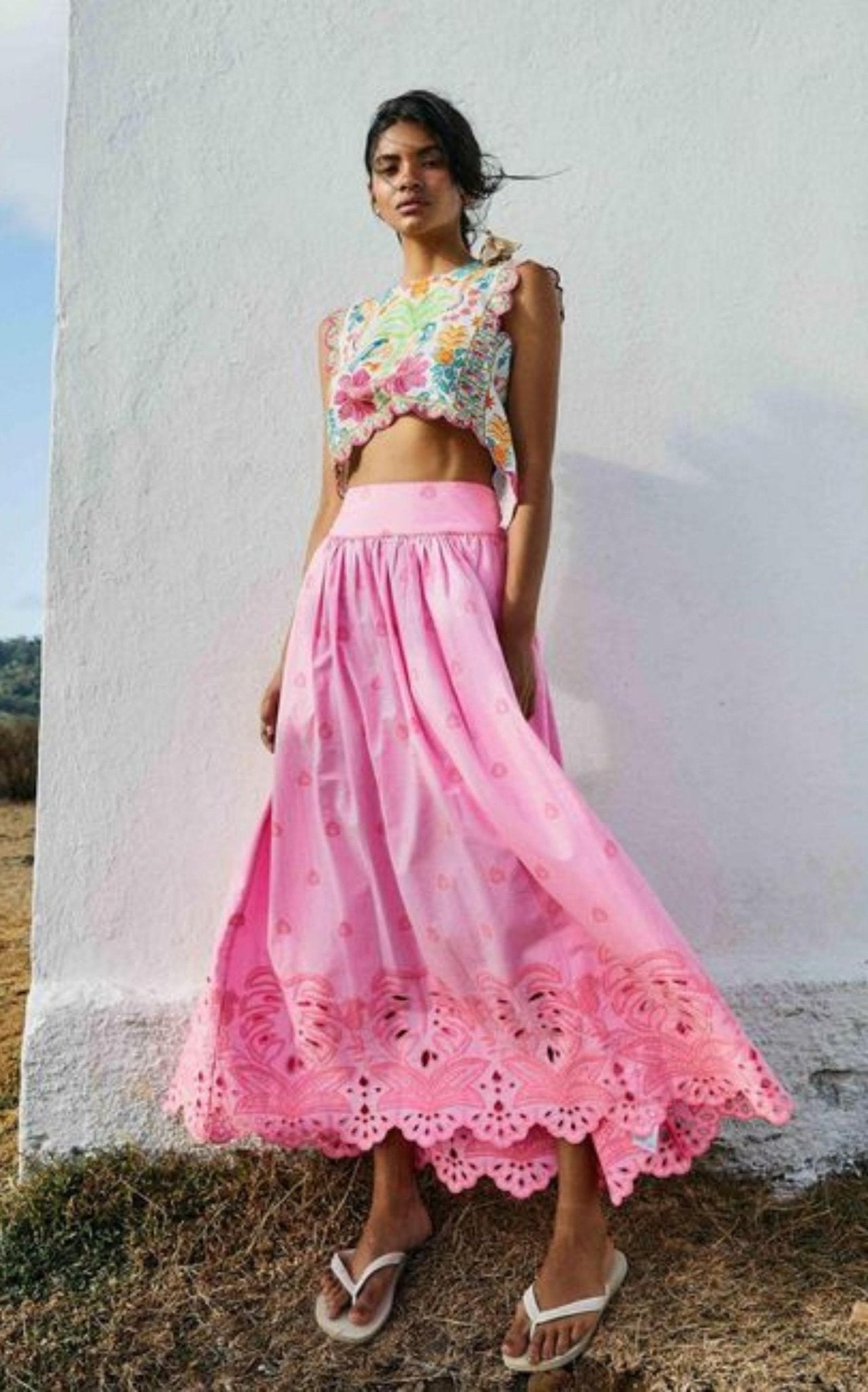 Farm Rio Scalloped Broderie Anglaise Cotton - poplin Maxi Skirt - Runway Catalog