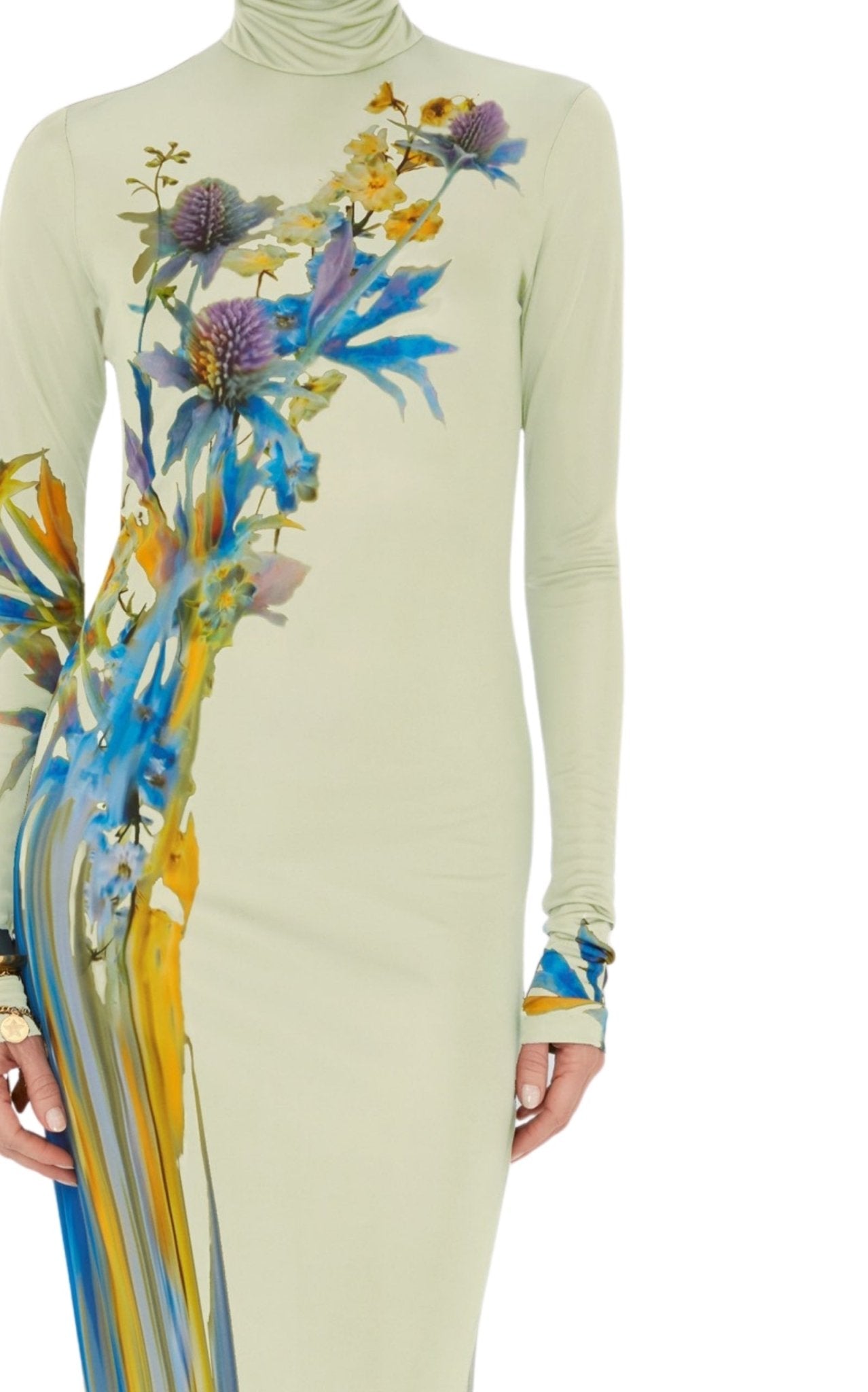 Galvan thistle print liquid jersey gown with high neckline and long sleeves, floor-length silhouette, front view