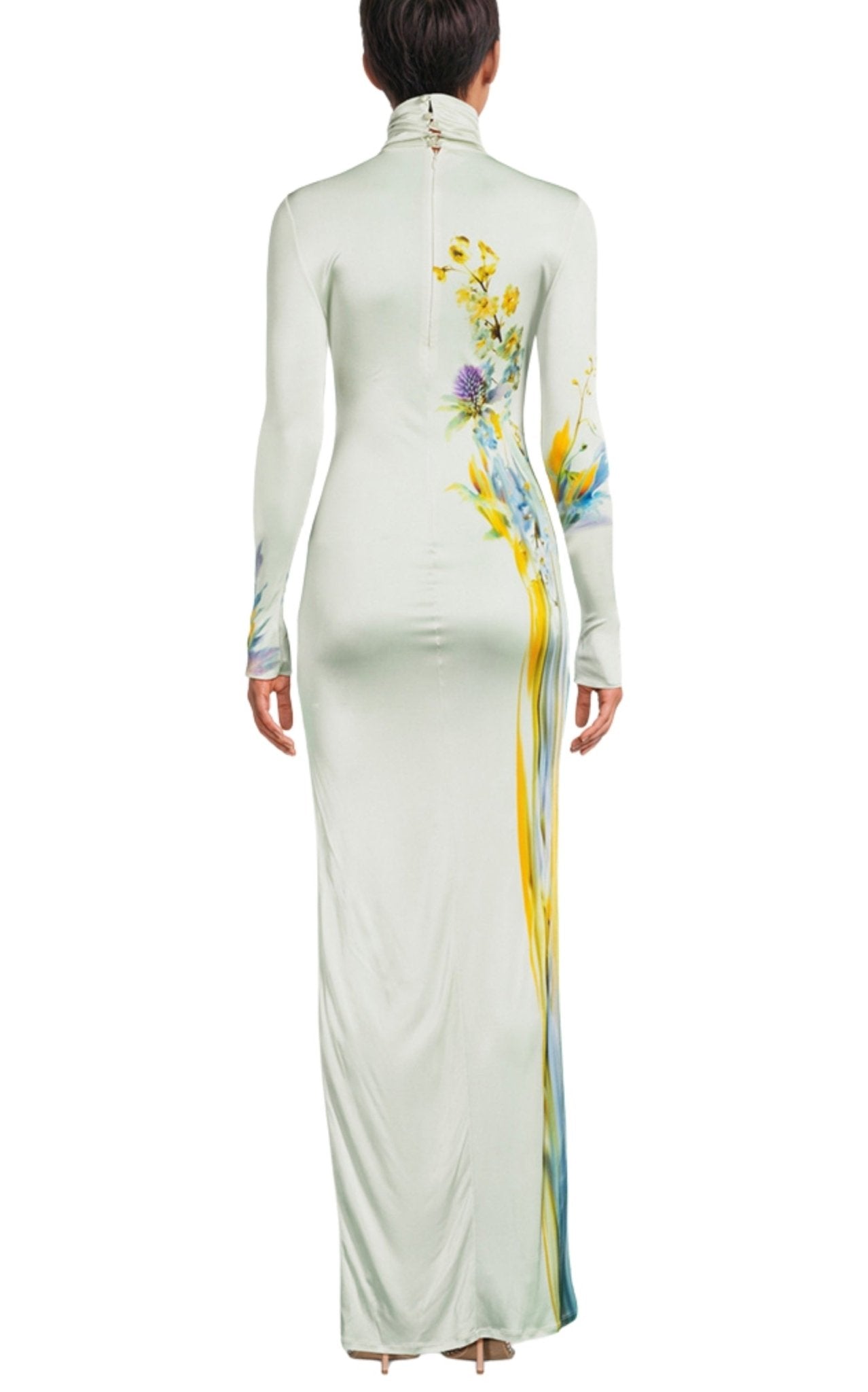 Galvan thistle print liquid jersey gown with high neckline and long sleeves, floor-length silhouette, front view