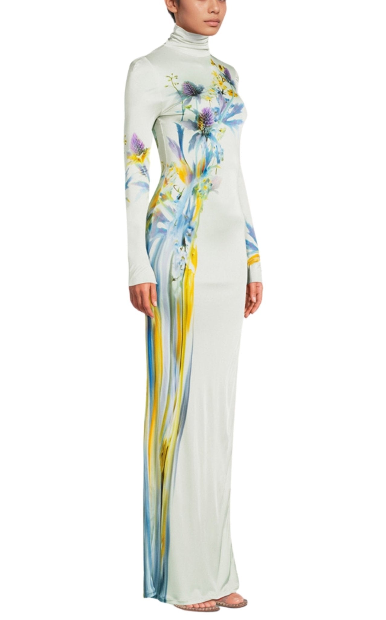 Galvan thistle print liquid jersey gown with high neckline and long sleeves, floor-length silhouette, front view