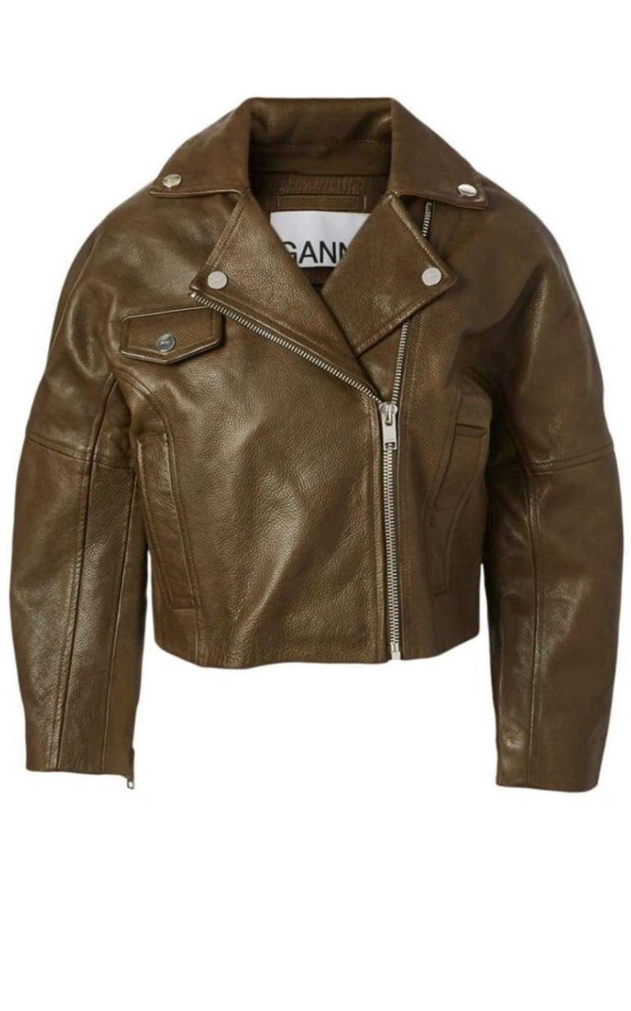 Ganni Leather Cropped Biker Jacket - Runway Catalog