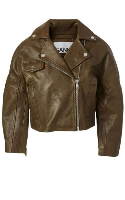 Ganni Leather Cropped Biker Jacket - Runway Catalog
