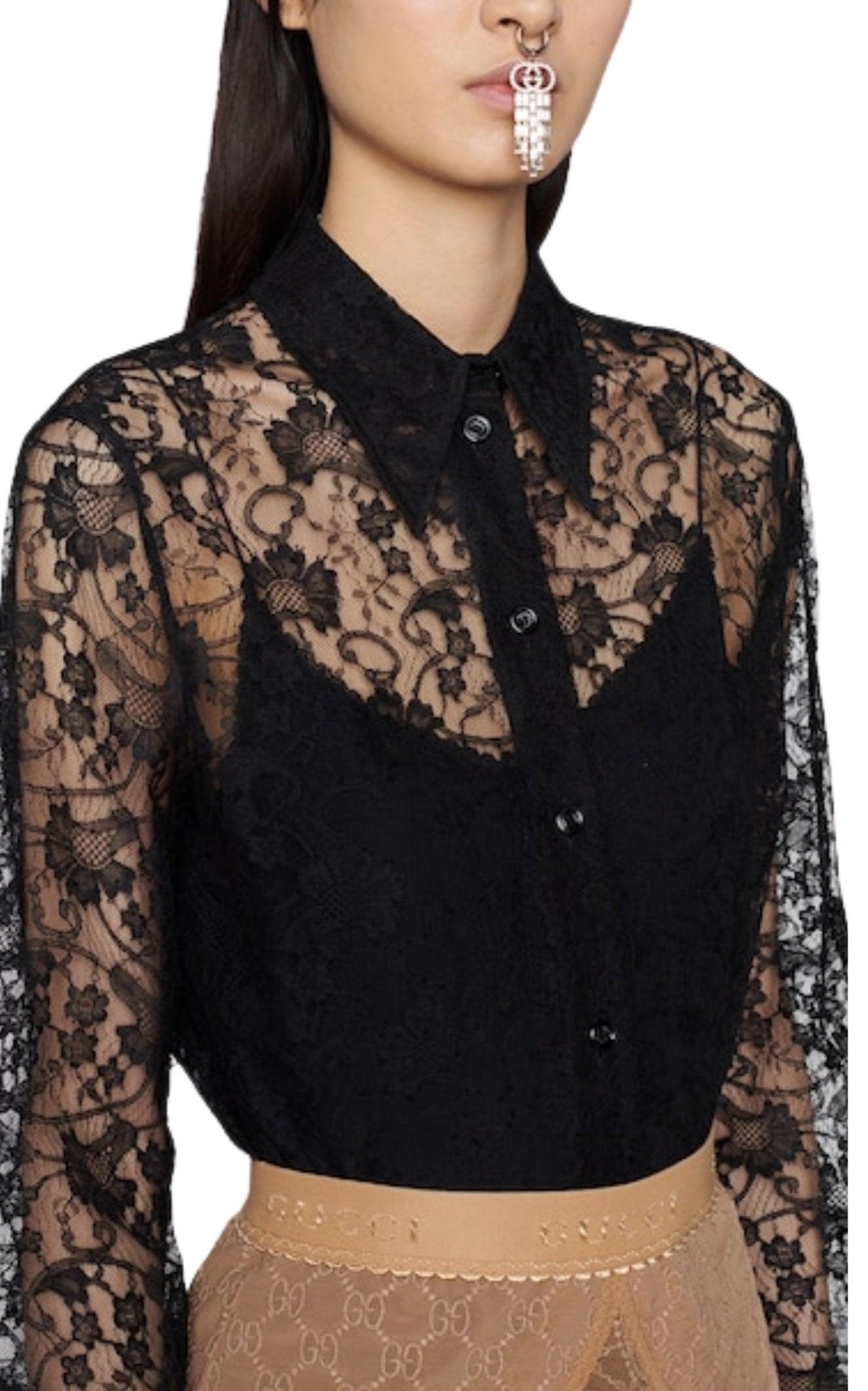 Gucci Black Lace Floral Motif Shirt - Runway Catalog