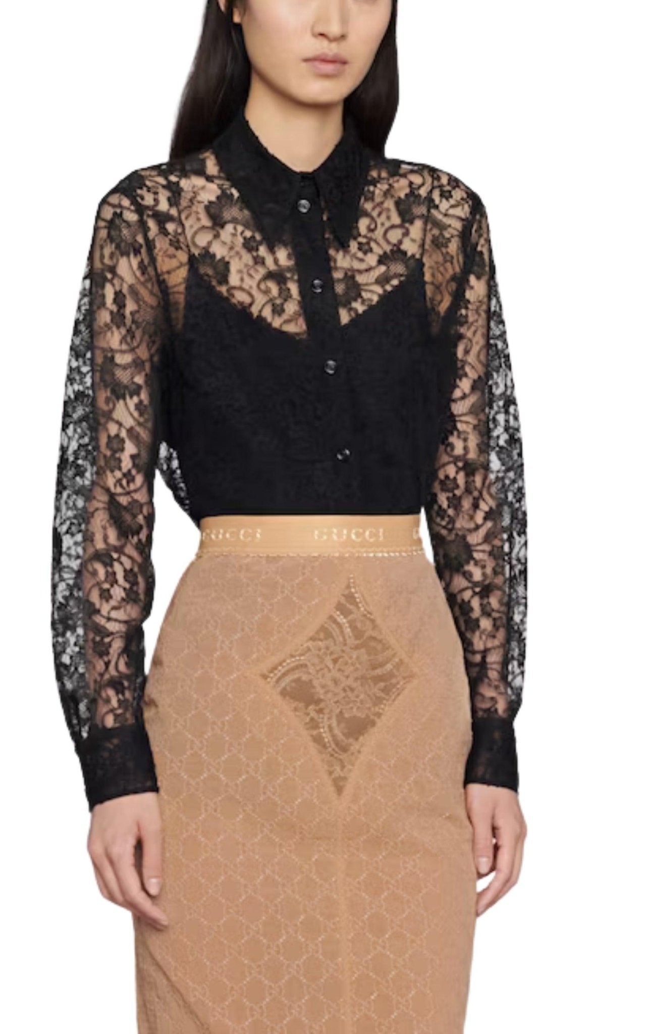 Gucci Black Lace Floral Motif Shirt - Runway Catalog