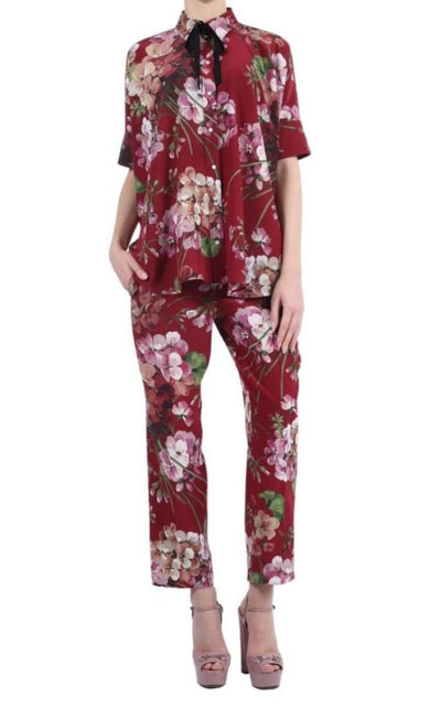 Gucci Blooms Print Silk Pyjama Pants in Burgundy - Runway Catalog