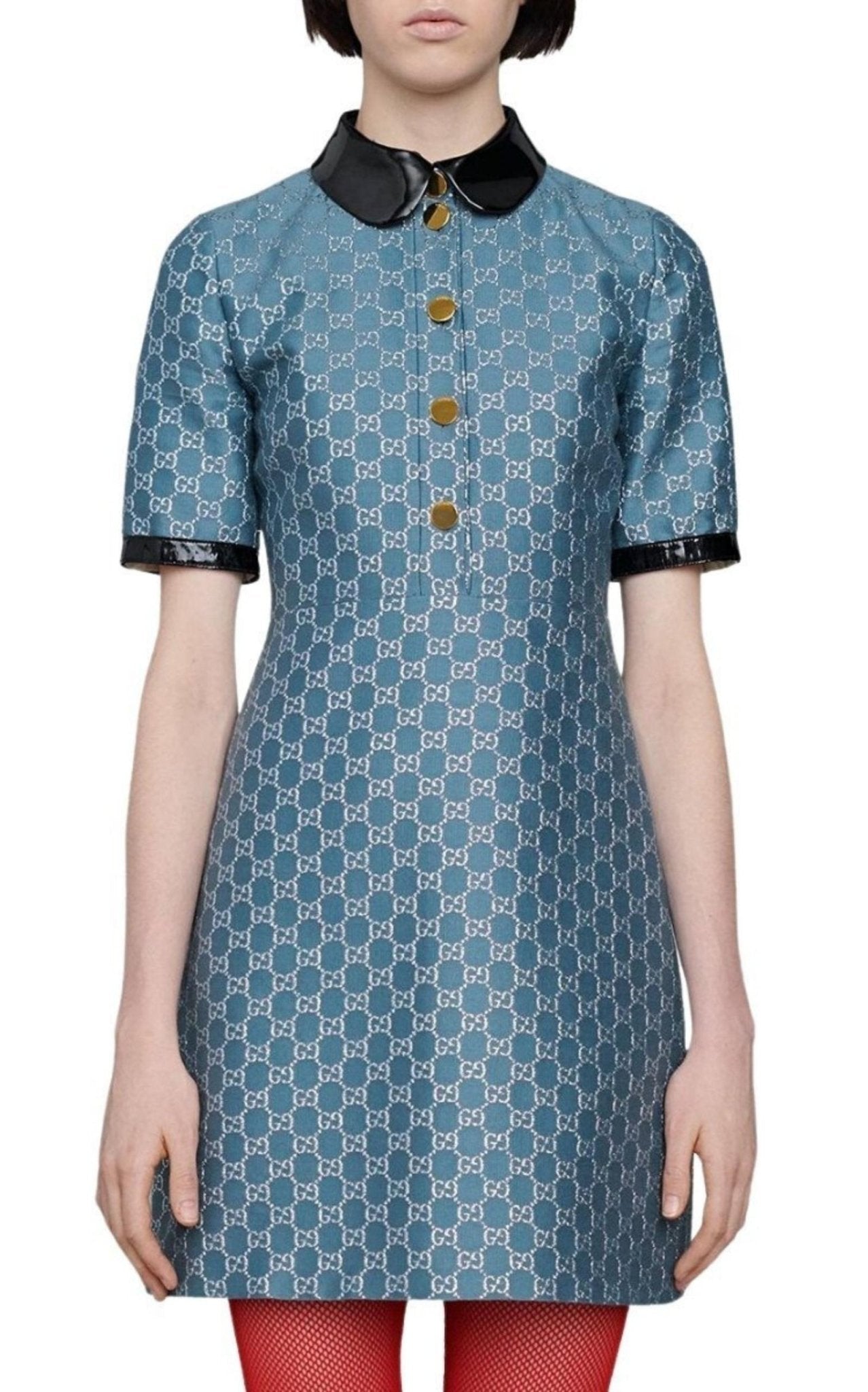 Gucci Blue GG Lamé Dress With Detachable Collar - Runway Catalog