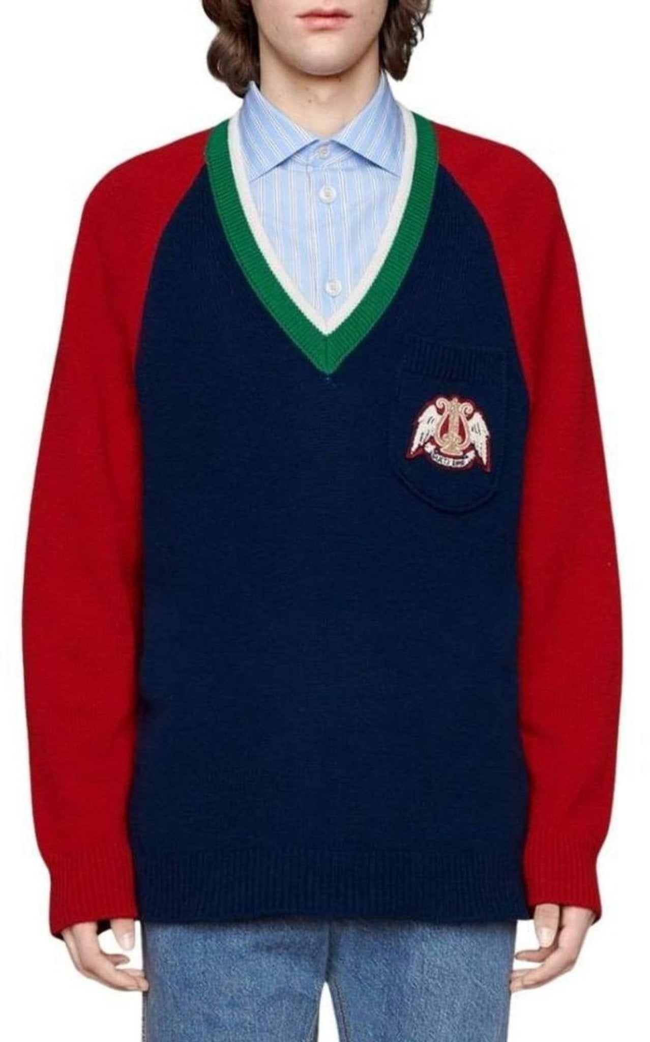 Gucci Blue V - neck Wool Sweater With Lyre - Runway Catalog