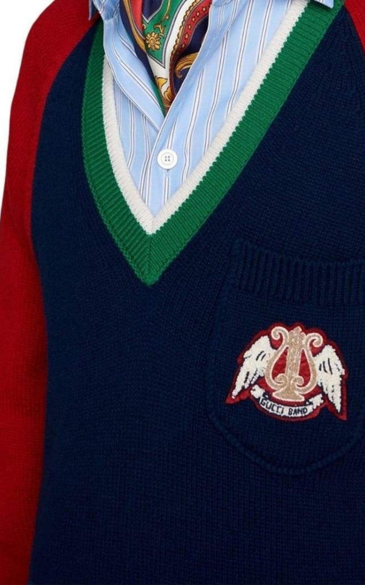 Gucci Blue V - neck Wool Sweater With Lyre - Runway Catalog