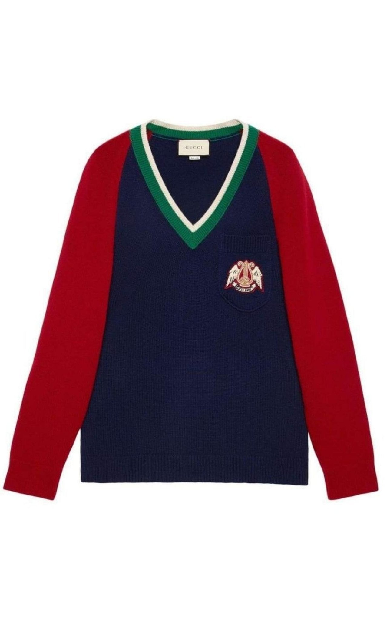 Gucci Blue V - neck Wool Sweater With Lyre - Runway Catalog