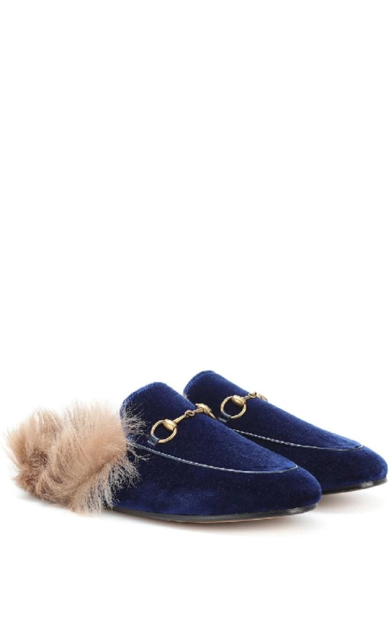 Gucci Blue Velvet & Fur Princetown Slippers - Runway Catalog
