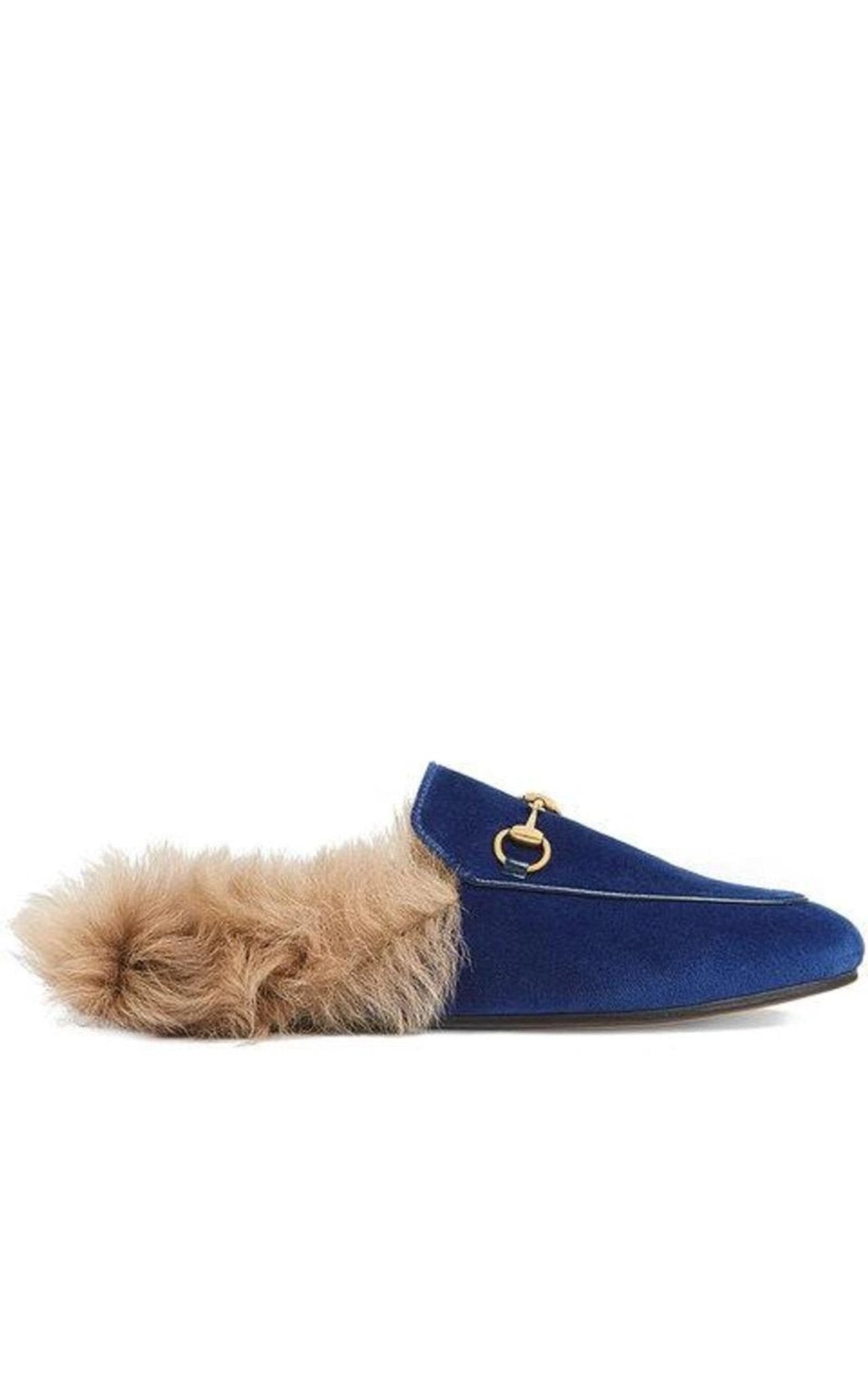Gucci Blue Velvet & Fur Princetown Slippers - Runway Catalog