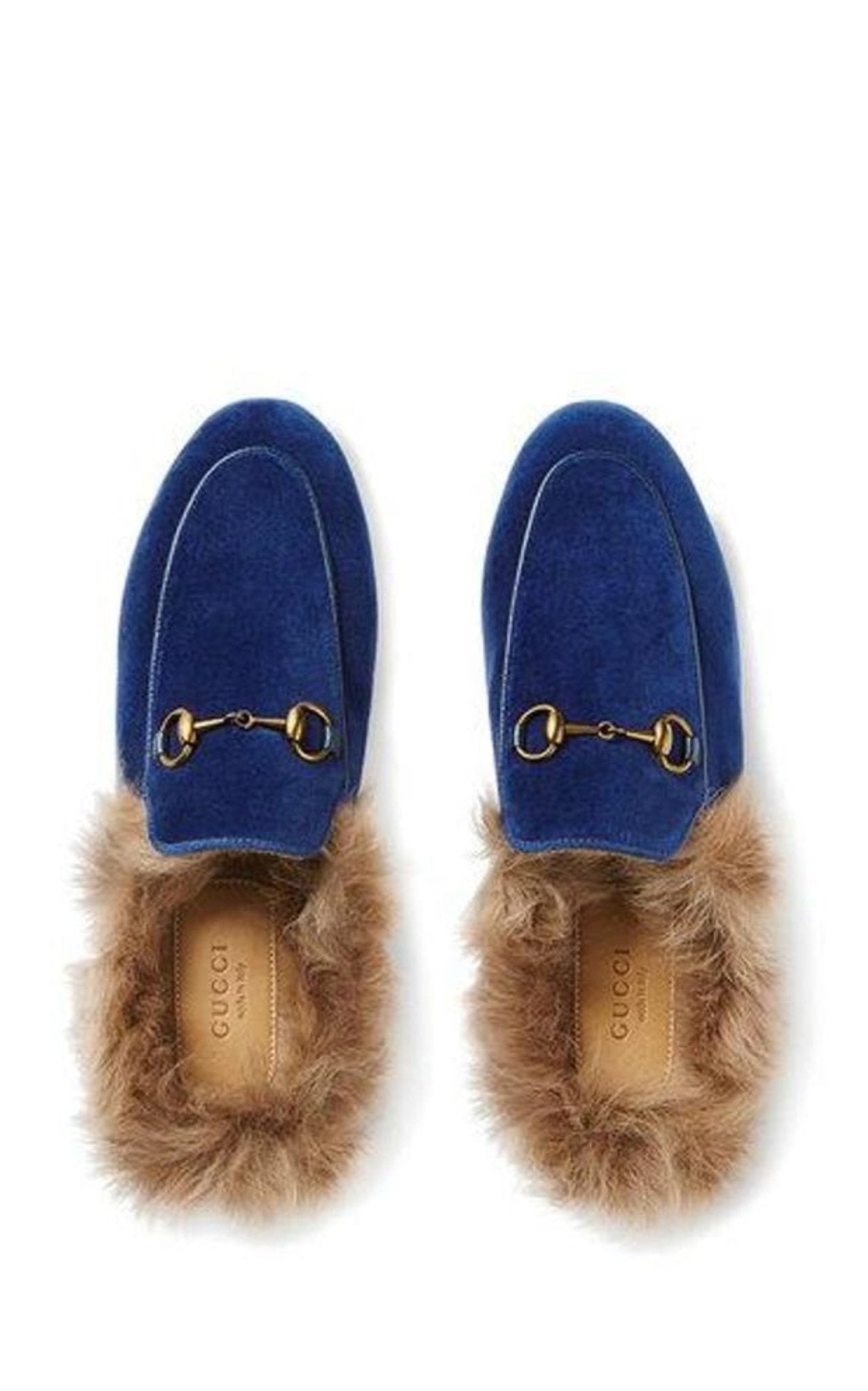 Gucci Blue Velvet & Fur Princetown Slippers - Runway Catalog