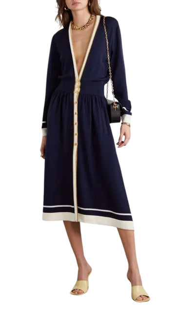 Gucci Button - Embellished Striped Wool Midi Dress - Runway Catalog