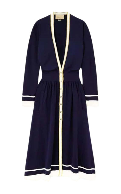 Gucci Button - Embellished Striped Wool Midi Dress - Runway Catalog