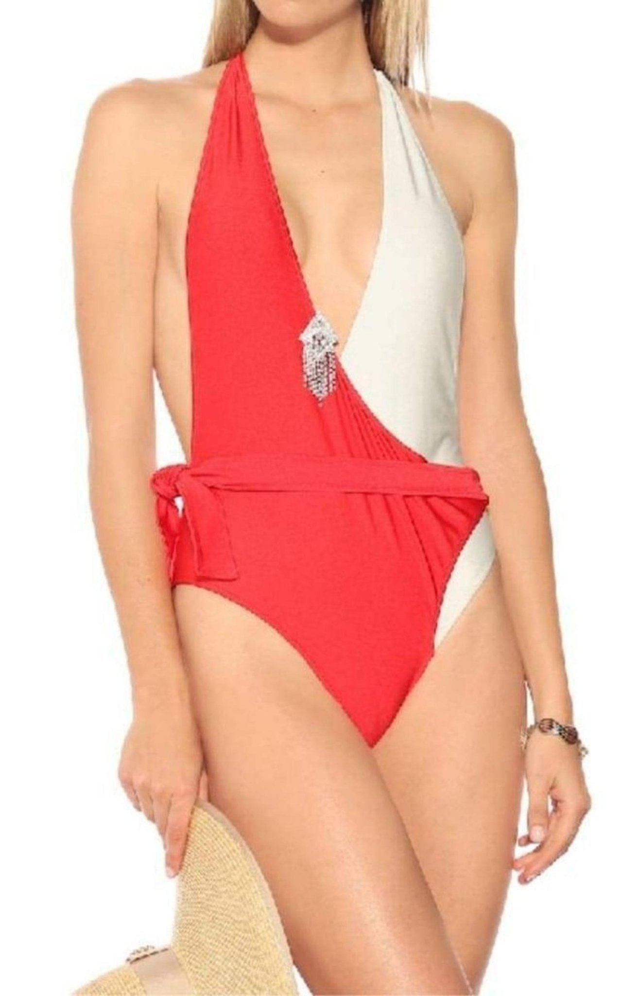 Gucci Embellished Colorblocked White & Red Swimsuit - Runway Catalog