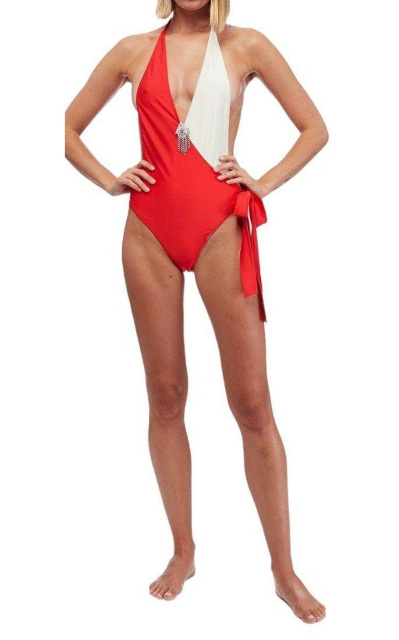 Gucci Embellished Colorblocked White & Red Swimsuit - Runway Catalog