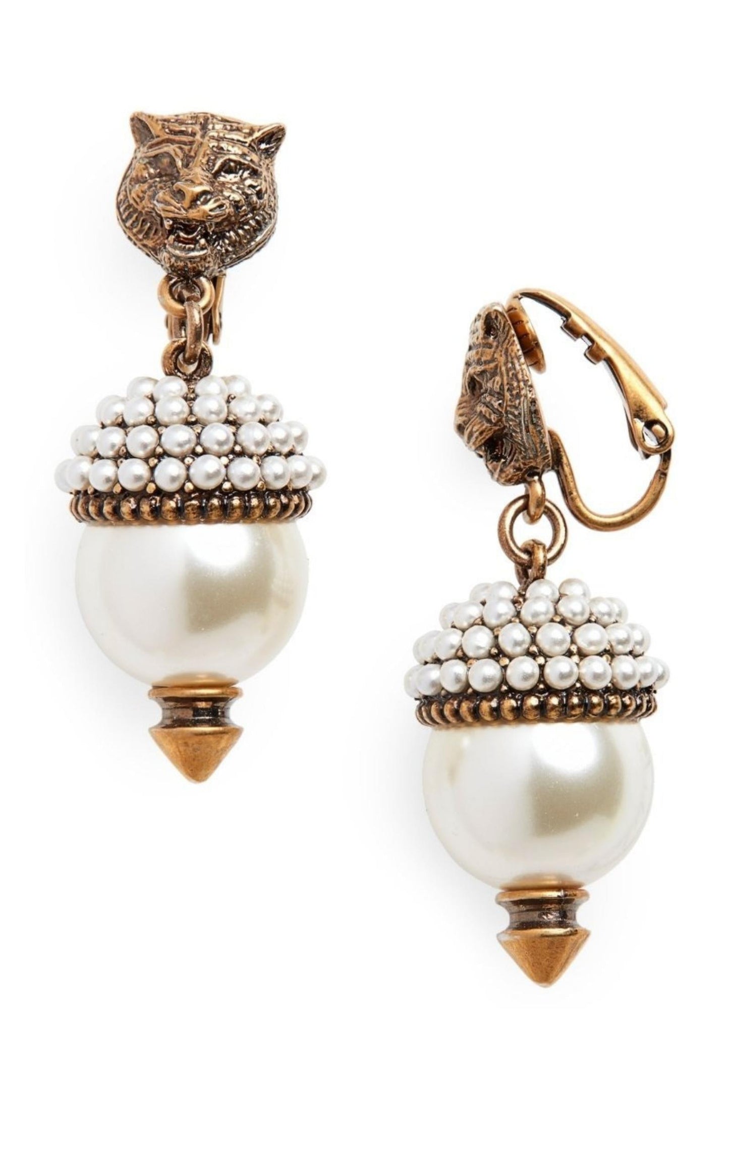 Feline Head Pearl Drop Earrings Gucci