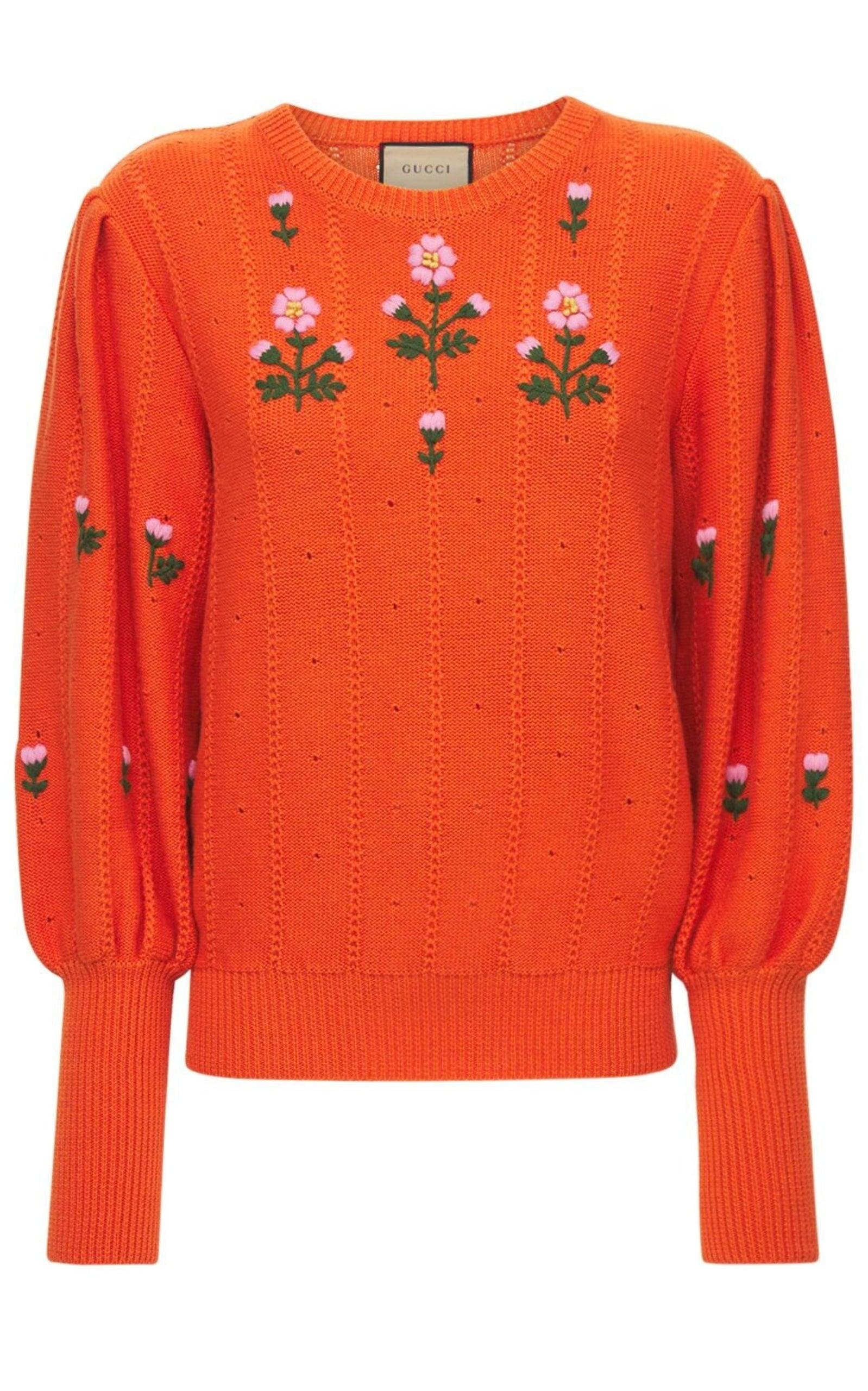 Floral Embroidered Wool Blend Sweater Gucci