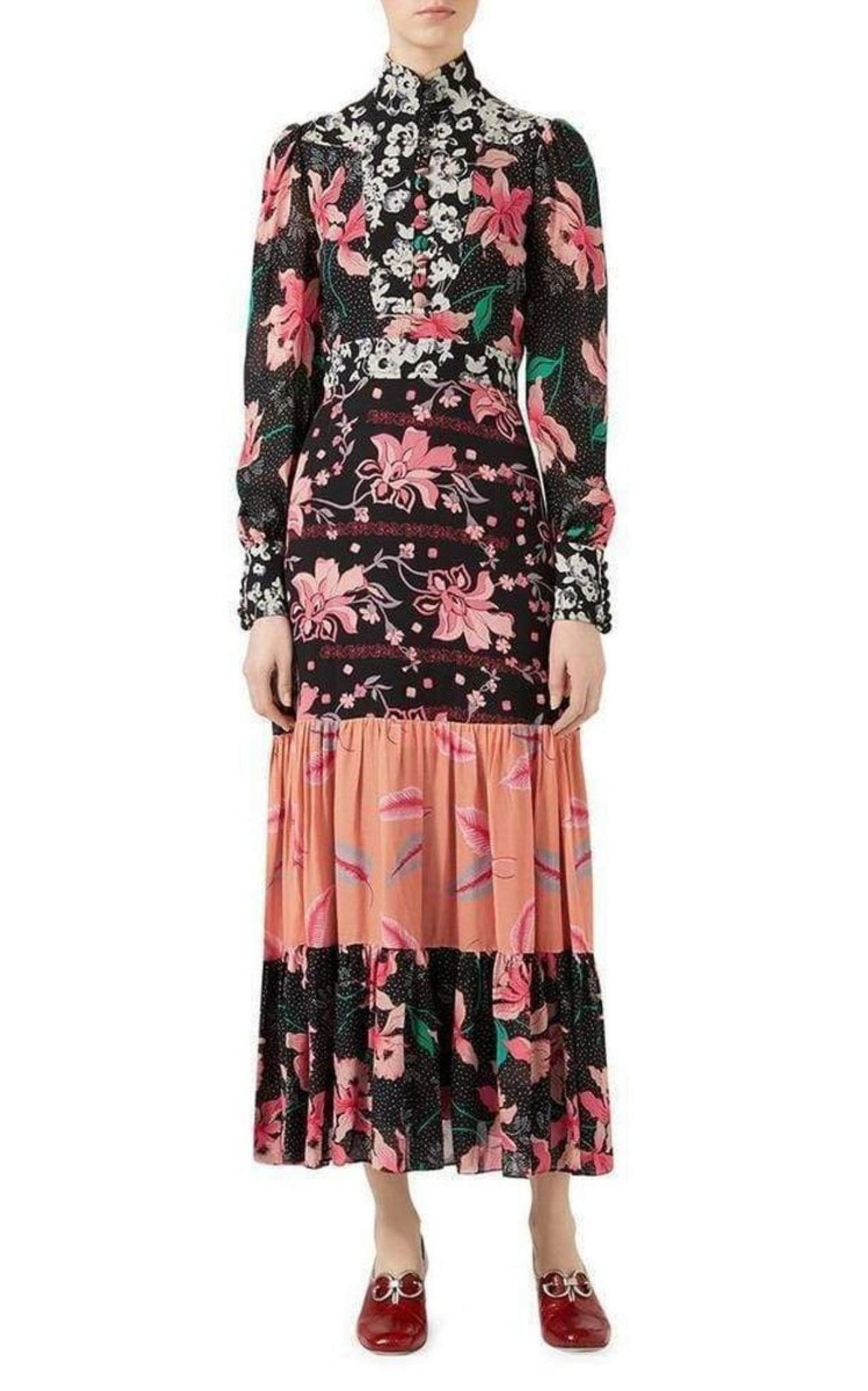 Floral Patchwork-Print Stand-Collar Crepe Dress Gucci